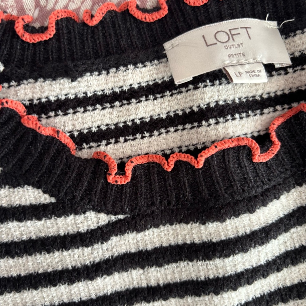 LOFT Black and White Striped Sweater with Coral Accent at Crew Neck, Size large